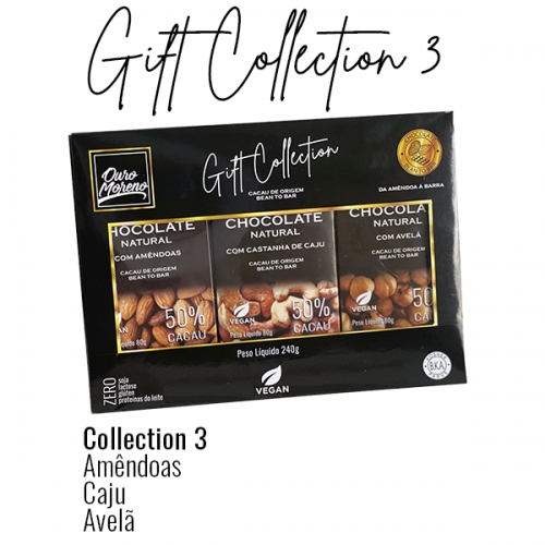 Gift collection 3 - chocolate 50% cacau com avelã, amêndoas e castanha de caju em 3 barras de 80g
